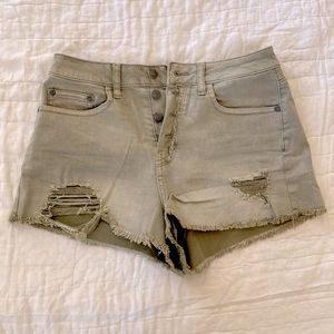 Olive green distressed denim shorts